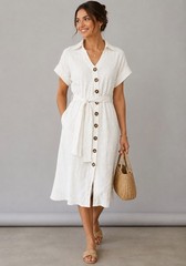 Chelsea & Theodore Women&rsquo;s Shirt Dress Size S Ivory Textured Belted Coastal Chic