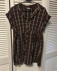 Black Plaid Rolled Cuff Sleeve Button Down Maternity Dress, Size Medium
