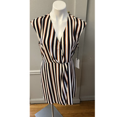 Leith Navy White Brown Gold Striped Sleeveless V-Neck Wrap Dress Crepe M