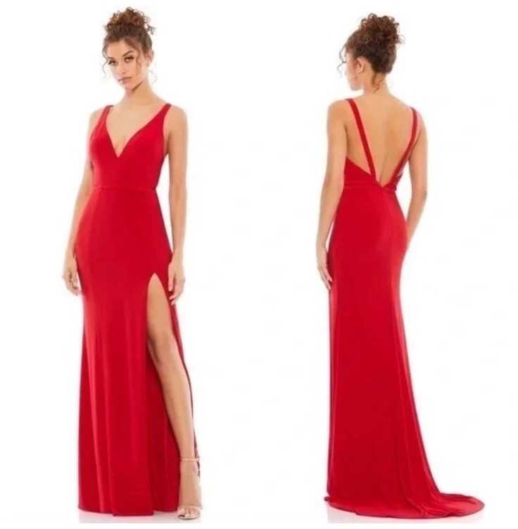 MAC DUGGAL Size 10 Red 25846 Sleeveless Plunge Neck High Slit Formal Gown Dress