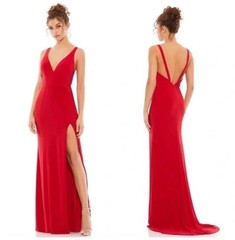 MAC DUGGAL Size 10 Red 25846 Sleeveless Plunge Neck High Slit Formal Gown Dress