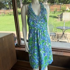 Lilly Pulitzer Bee in Your Bonnet Halter Dress Ruffled Top Grasshopper Women&rsquo;s 8
