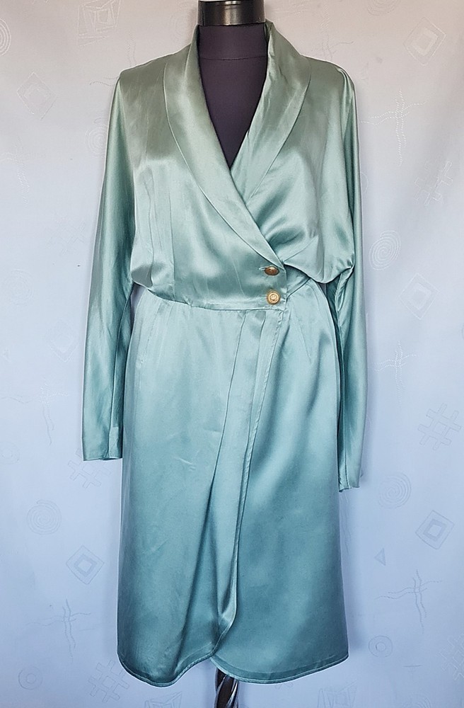DRESS AUTHENTIC MICHAEL STURM SOLID AQUA BLUE SATIN SILK WOMENS US 14 EU 42