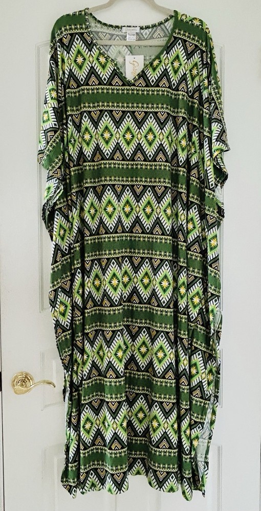 1X/2X/3X New Black White Green Print Kaftan Knit Beach Cover Dress Nightgown