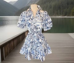Sugarlips White Blue Etchings Collared Puff Sleeve Mini Ruffle Hem Puff Sleeve