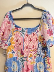 Luxology Women&rsquo;s L Multicolor Floral V-Neck Short Sleeve Smocked Maxi Dress