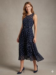 Women’s Charm Any Occasion Semi-Sheer Navy Polka Dot Chiffon Midi Dress 10