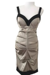 👗🟤Cache Sandstone Shiny Fitted Dress stretchy Sleeveless Evening Sz 8 Ruched
