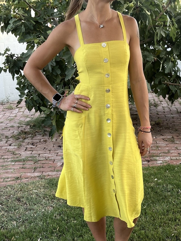 Lumiere Chartreuse yellow Button-Front Midi Dress Sz S Square Neck Open Back