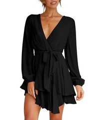 Cosonsen Womens Deep V-Neck Baggy Sleeve Ruffle Hem Short Dress Black Small