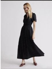 Quince XL Black Satin Silk Smocked Tiered V-Neck Flutter Maxi Dress NWT