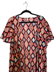 Lyss Loo Womens Aztec Print Flutter Sleeve Loose Fit Tunic Dress L/XL 100% Polye