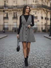 Miou Muse Houndstooth Wool blend Tweed Deep V Mini Dress Fringe Hem L Academia
