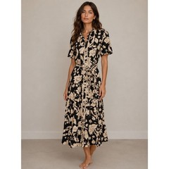 White Closet Elements Floral Midi Shirtdress Black Cream Crochet Trim Size M