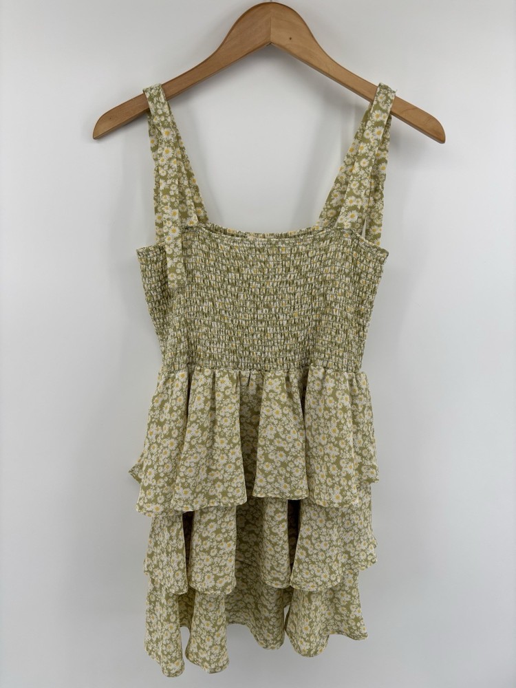 Pie in the Sky Floral Dress Sz L Smocked Ruffle Boho Festival Momcore Coquette