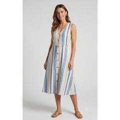 Marissa Olivia Linen Blend Striped Dress XL Blue Peach Button Front Midi Pockets
