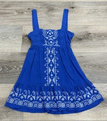 Rewind Boho Sleeveless Blue Dress with White Geometric Embroidery