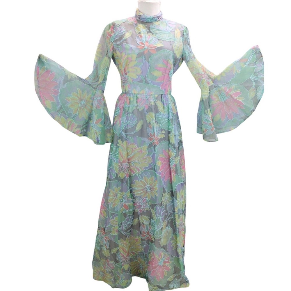 Vintage 1970s Pastel Floral Organza Maxi Dress with Dramatic Angel Sleeves