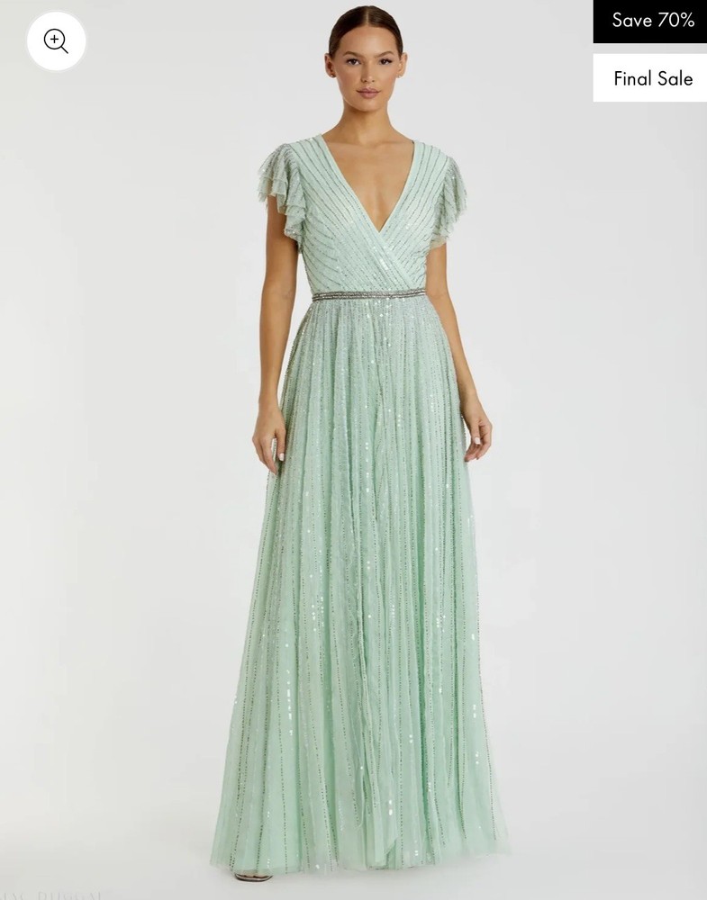 NWT 5502 Mac Duggal Sequined Wrap Over Ruffled Cap Sleeve Gown Seamist Size 6