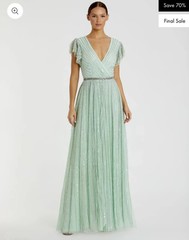 NWT 5502 Mac Duggal Sequined Wrap Over Ruffled Cap Sleeve Gown Seamist Size 6