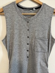 ATHLETA Sleeveless Henley MaxiDress Sz ST Gray Ruched Stretch Microstripe Jersey