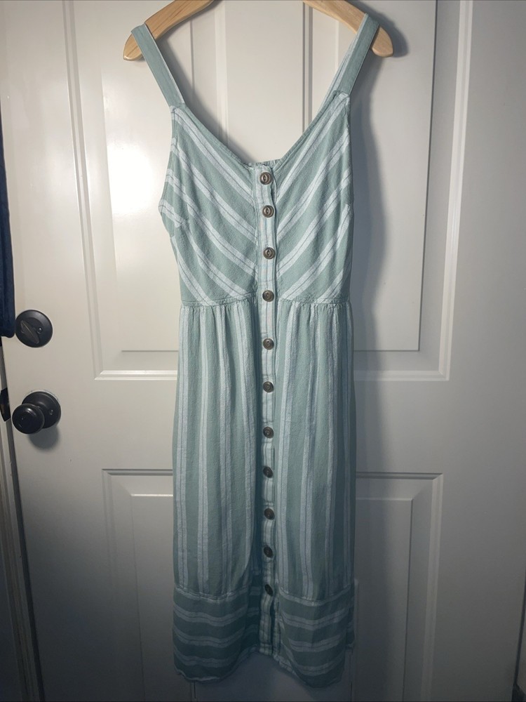 Universal Thread Green Striped Linen Blend Midi Dress Women’s Medium Button