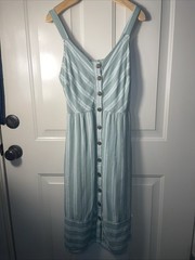 Universal Thread Green Striped Linen Blend Midi Dress Women’s Medium Button