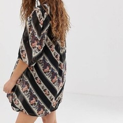 New ASOS Floral Stripe Print Puff Sleeve Sheer Mini Dress Black Multi Size 8