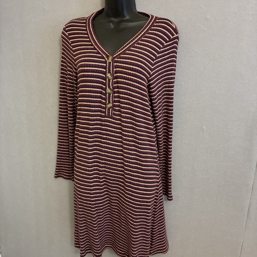 American Eagle Brown/Black stripes Knit Shirt Dress Button Front Long Sleeve