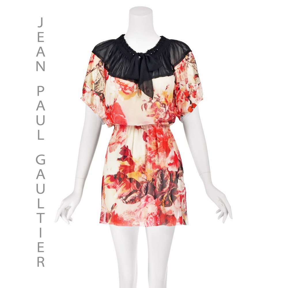 JEAN PAUL GAULTIER SOLIEL Printed White Mesh Mini Dress with Black Mesh Yoke SZS