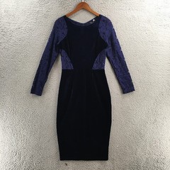 Olrain Midi Bodycon Dress Womens Large Blue Velvet Lace Knee Legth Pullover NEW