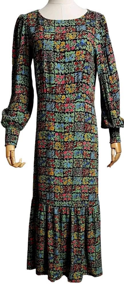 ALBARAY Eye-Catcher Beautiful Patchwork Print,Maxi Dress,Long Puff Sleeves10,S/M