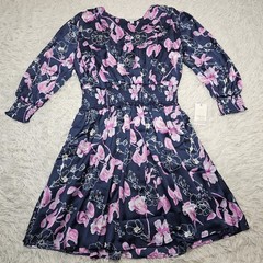 Ophelia Roe Women’s Navy Blue Orchid Floral Tiered Long Sleeve Midi Dress Size S