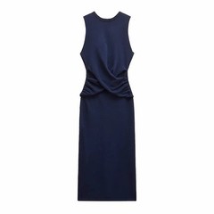 NWT Zara Navy Blue Twist Front Midi Dress Sleeveless Ruched Waist Size S