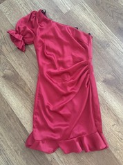 Red Satin One Shoulder Mini Dress with A Ruffle Hem Size Small