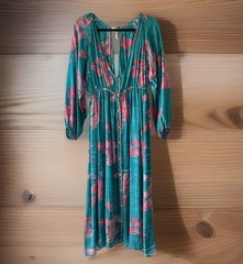 KANTHA BAE O/S 100% Silk Boho Teal Floral Pink Maxi Dress Keyhole Balloon Sleeve