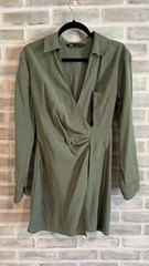 Zara Green Collared Long Sleeve Solid Wrap Shirt Dress Short S Pocket Zipper
