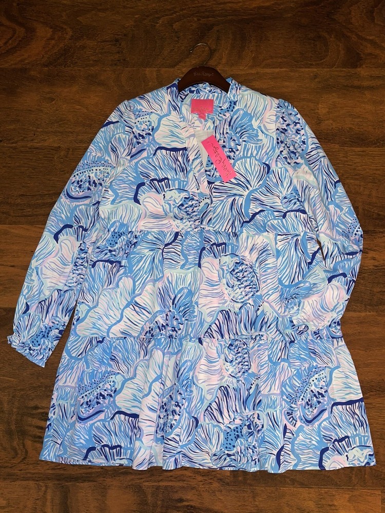 Lilly Pulitzer LARGE Blue Fishful Thinking WINONA SWING DRESS Lileeze Tiered NWT