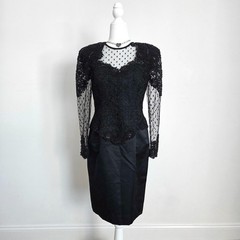 Vintage Gothic Black Lace Mesh Dress Medium Victorian Whimsigoth Formal Silk 80s