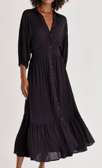 Z SUPPLY Dress L Tanya Maxi 3/4 Sleeve Pleated Smocked Button Front Black NEW