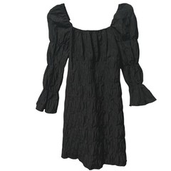 Ghospell Black Crinkled Plisse Mini Dress Square Neck Smocked Puff Sleeve S Goth
