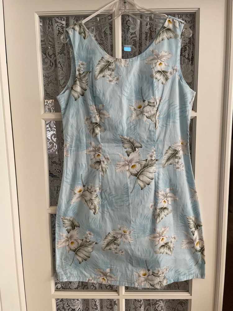 Aloha Republic Authentic Hawaiian Dress Large Sleeveless Blue Floral Cotton USA