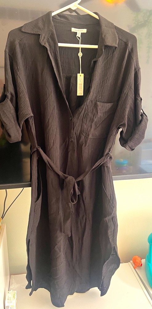 Max Studio Black Solid Collared Button Shirt Dress w/ Belt, 3/4 Roll Tab Size S