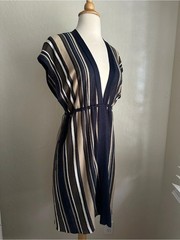 Theory Navy and Cream Striped V-Neck Midi Dress