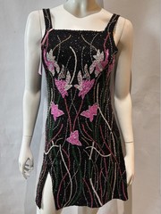 OCEANUS MALIBU FLORAL MINI DRESS BLACK SZ SMALL S HAND–BEADED NEW