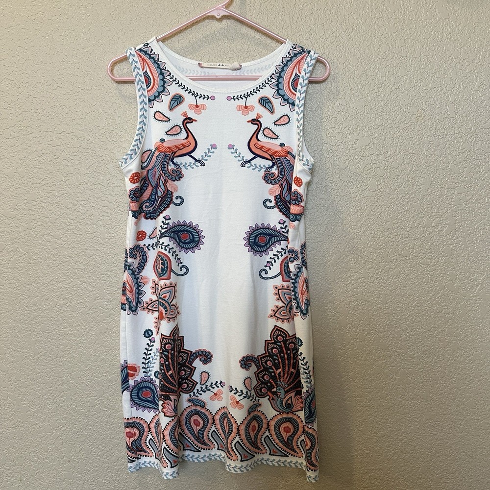 Chelsea & Violet Dress Womens Small Peacock Bird Floral Tank Sleeveless White Bl