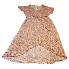 Nemidor US 26 Floral Print High Low Dress Ruffle Sleeve Brown White Maxi