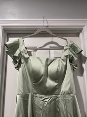 Light Green Satin Square Neck Ruffle Sleeve Floor Length Gown with Slit