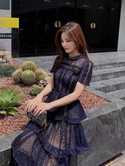 Womens Self-Portrait Lace Assembling Dark blue A-line Cake Dresses