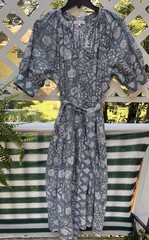 Marea Block Print Dress Blue & White Floral Cotton Short Puff Sleeves XL